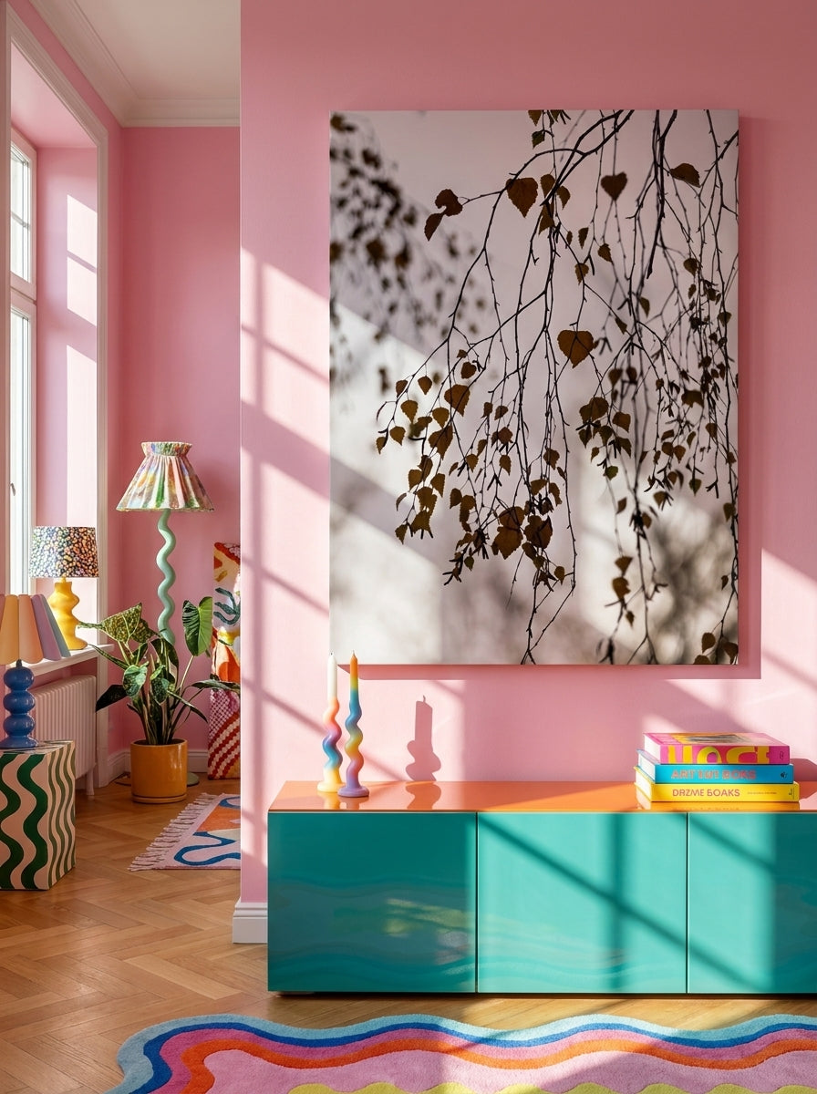 Stretched canvas wall art styled on the wall in a colourful eclectic living room