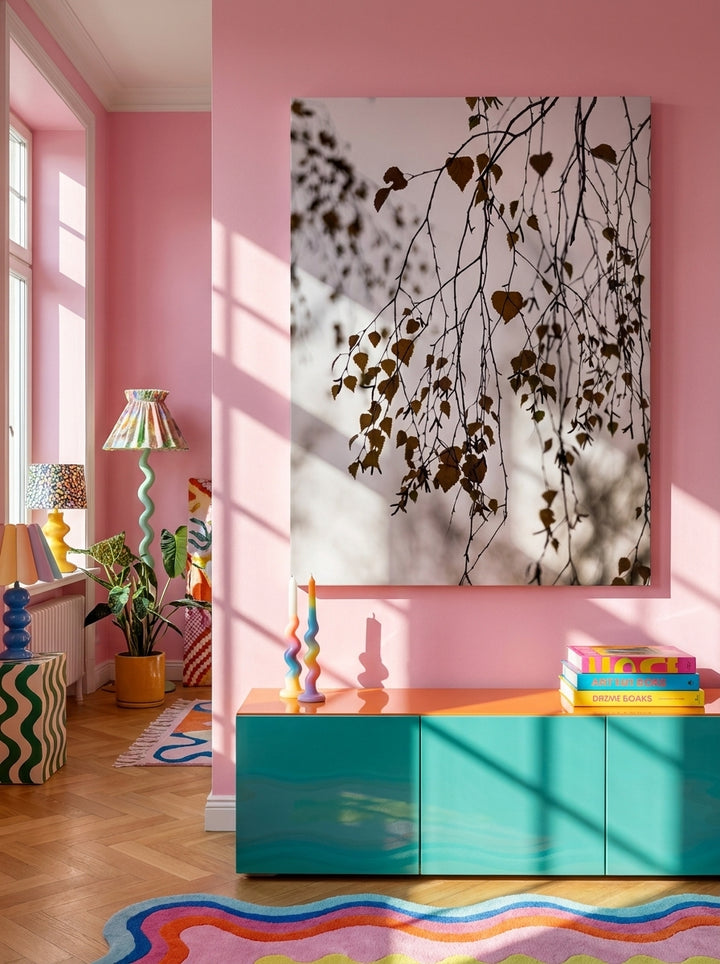 Stretched canvas wall art styled on the wall in a colourful eclectic living room
