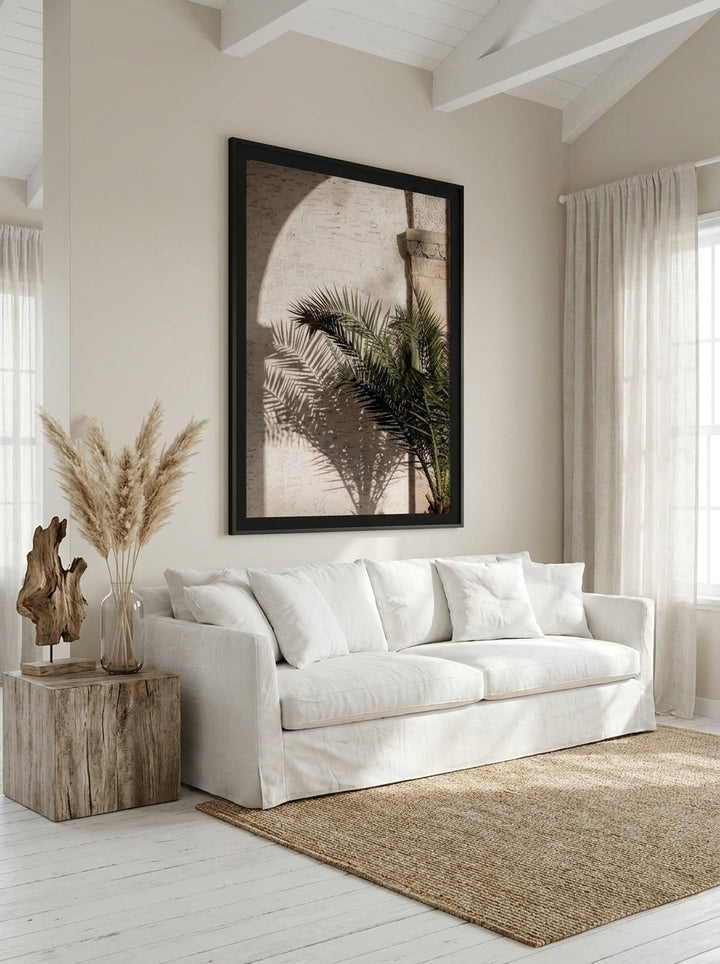 Oversized statement modern wall art print styled on the wall in a coastal living room