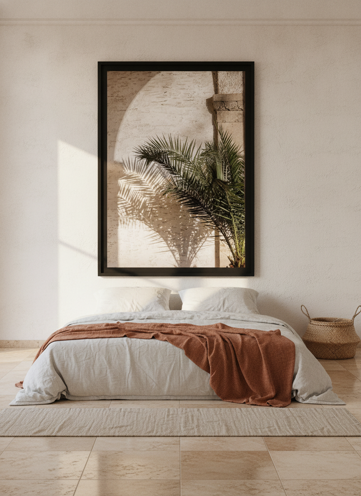 Oversized statement modern wall art print styled on the wall in a Mediterranean bedroom