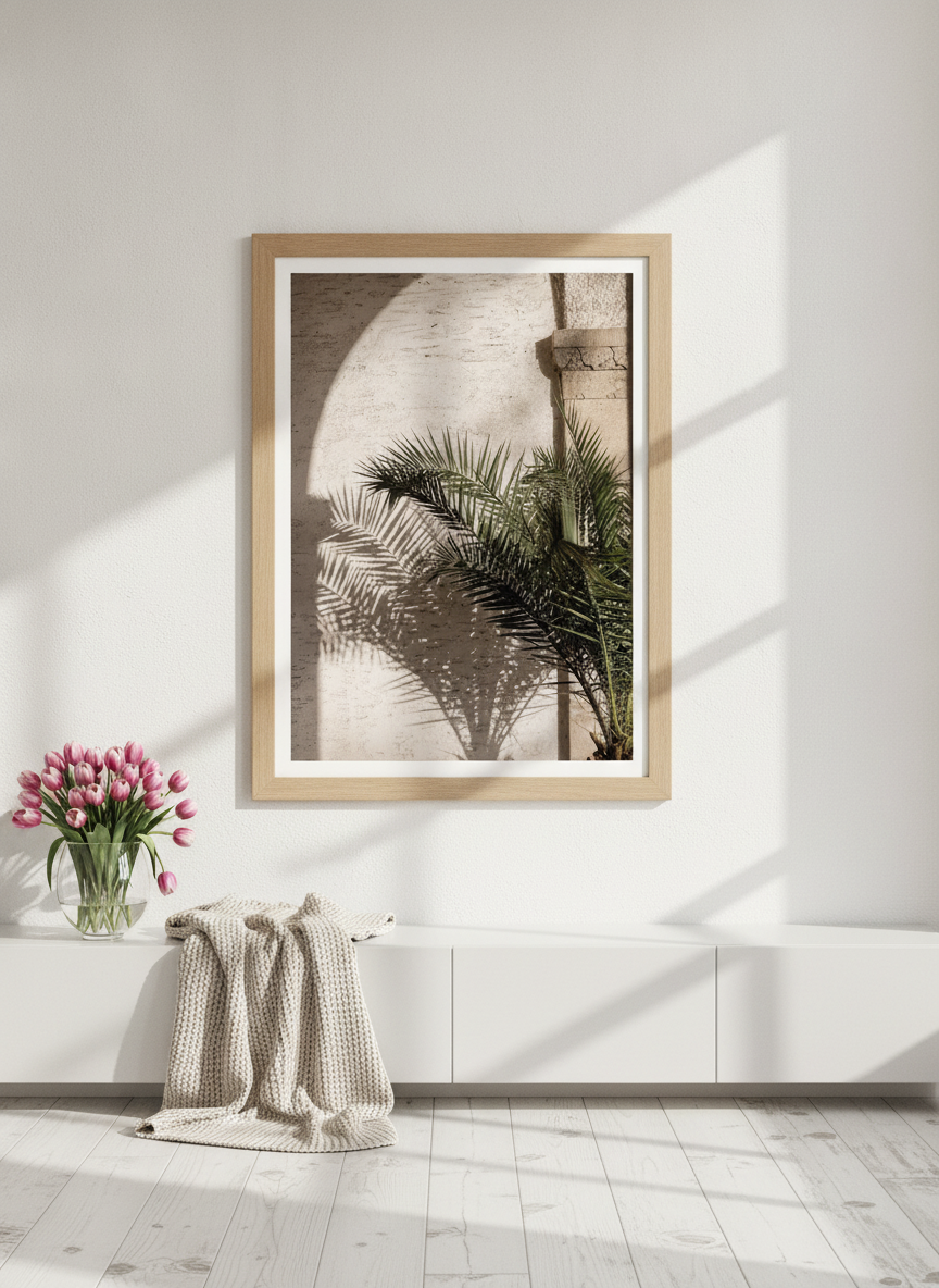 Modern wall art print styled on the wall in a bright Scandinavian living room