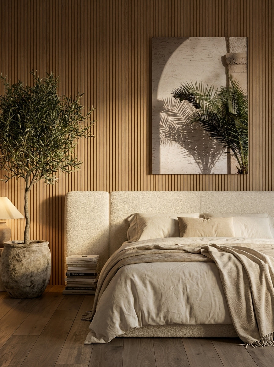 Stretched canvas wall art styled on the wall in a luxe bedroom