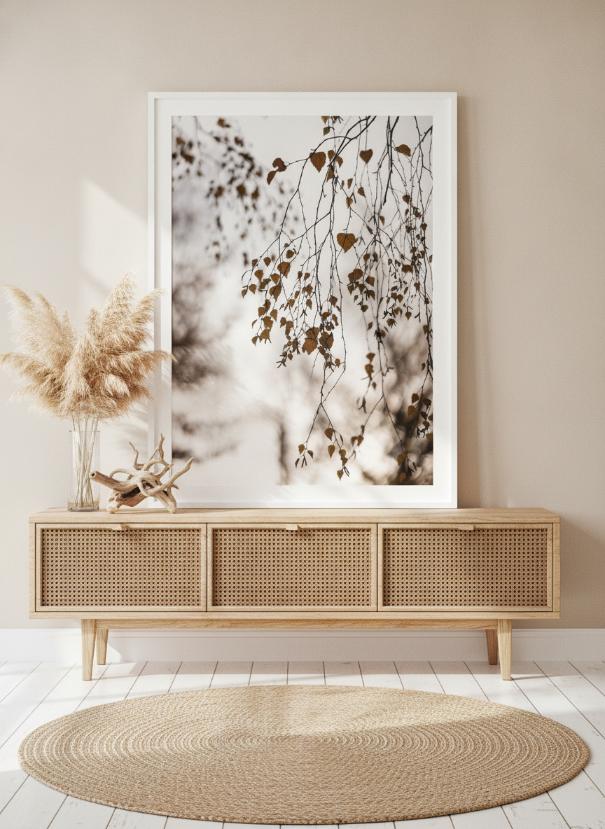 Modern wall art print standing on a sideboard in a coastal home office