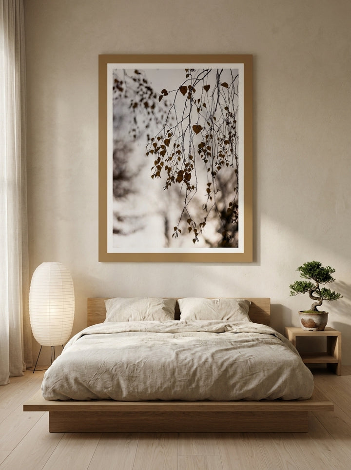 Modern wall art print styled on the wall in a warm Japandi bedroom