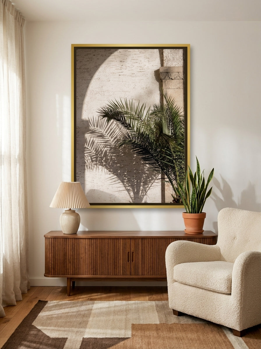 Canvas wall art with a gold leaf surround styled on the wall in a mid-century living room