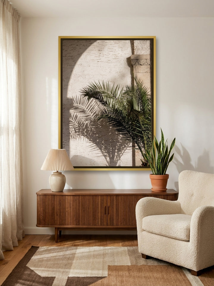 Canvas wall art with a gold leaf surround styled on the wall in a mid-century living room