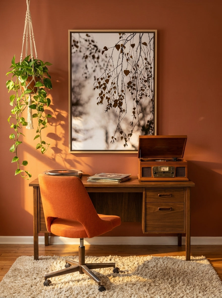 Canvas wall art with a natural timber surround styled on the wall in a retro 70s home office