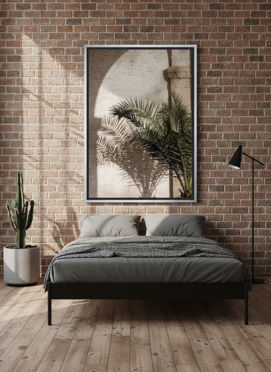 Canvas wall art with a silver leaf surround styled on the wall in an industrial loft bedroom