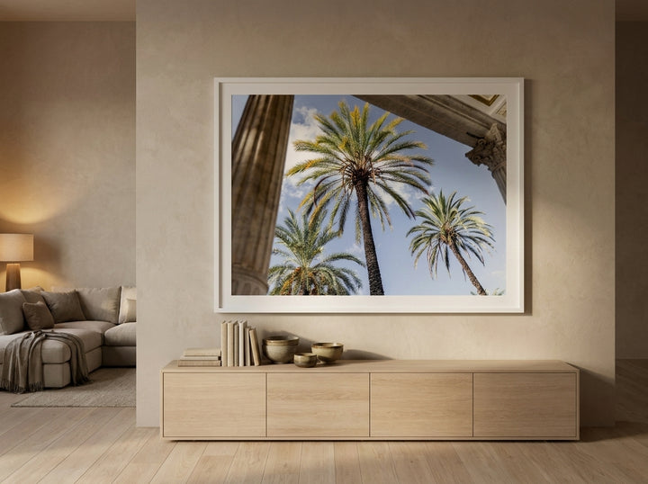 Oversized statement modern wall art print styled on the wall in a warm Japandi living room