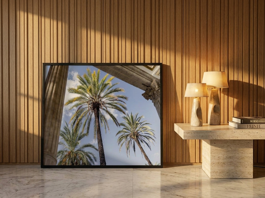 Modern wall art print leaning against the wall in a luxe dining room
