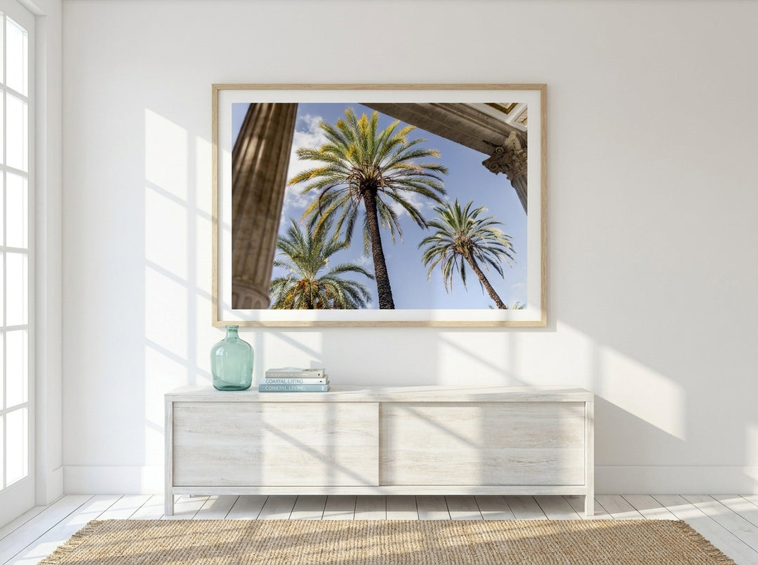 Modern wall art print styled on the wall in a coastal living room