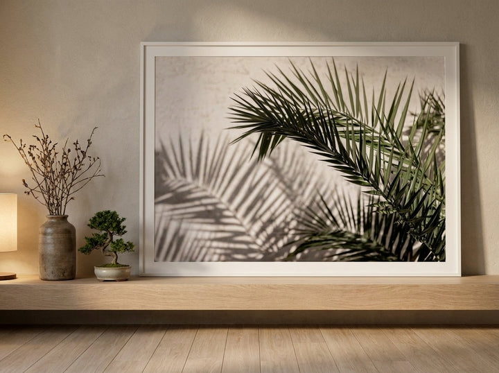 Modern wall art print standing on a shelf in a warm Japandi bathroom