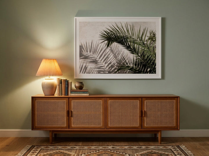 Modern wall art print styled on the wall in a mid-century living room