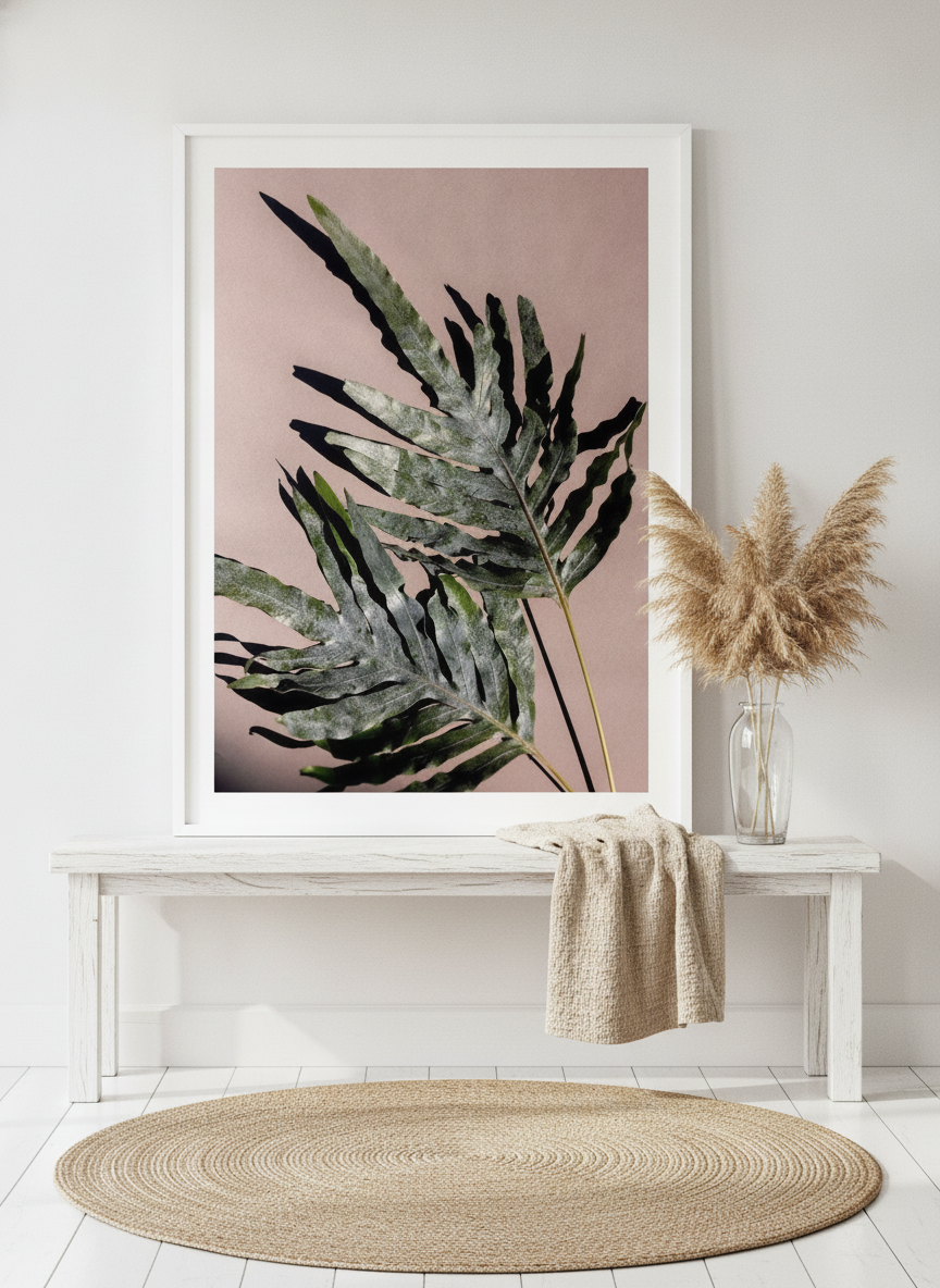 Modern wall art print standing on a console in a coastal bathroom