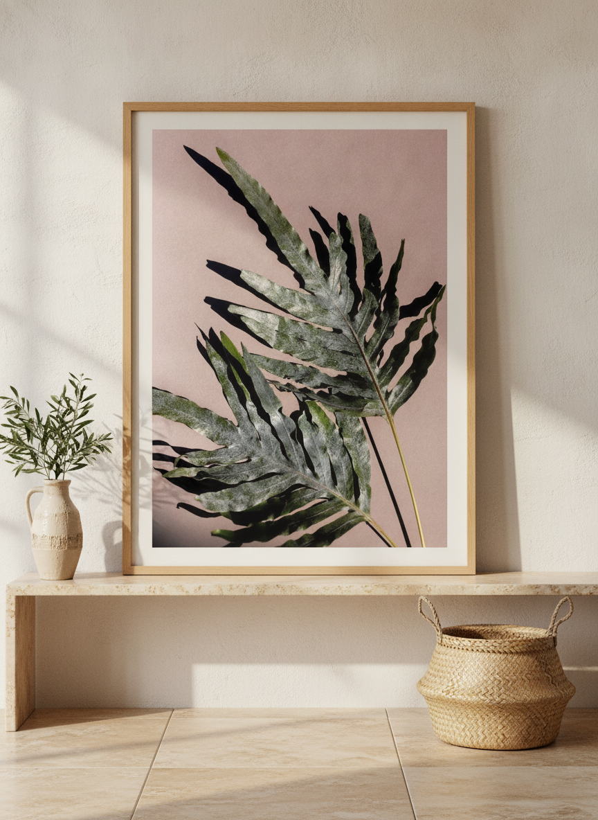 Modern wall art print standing on a console in a Mediterranean home office