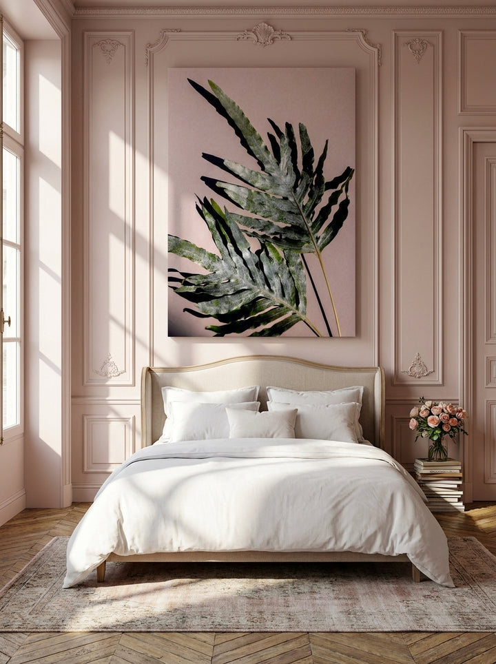 Stretched canvas wall art styled on the wall in a Parisian bedroom