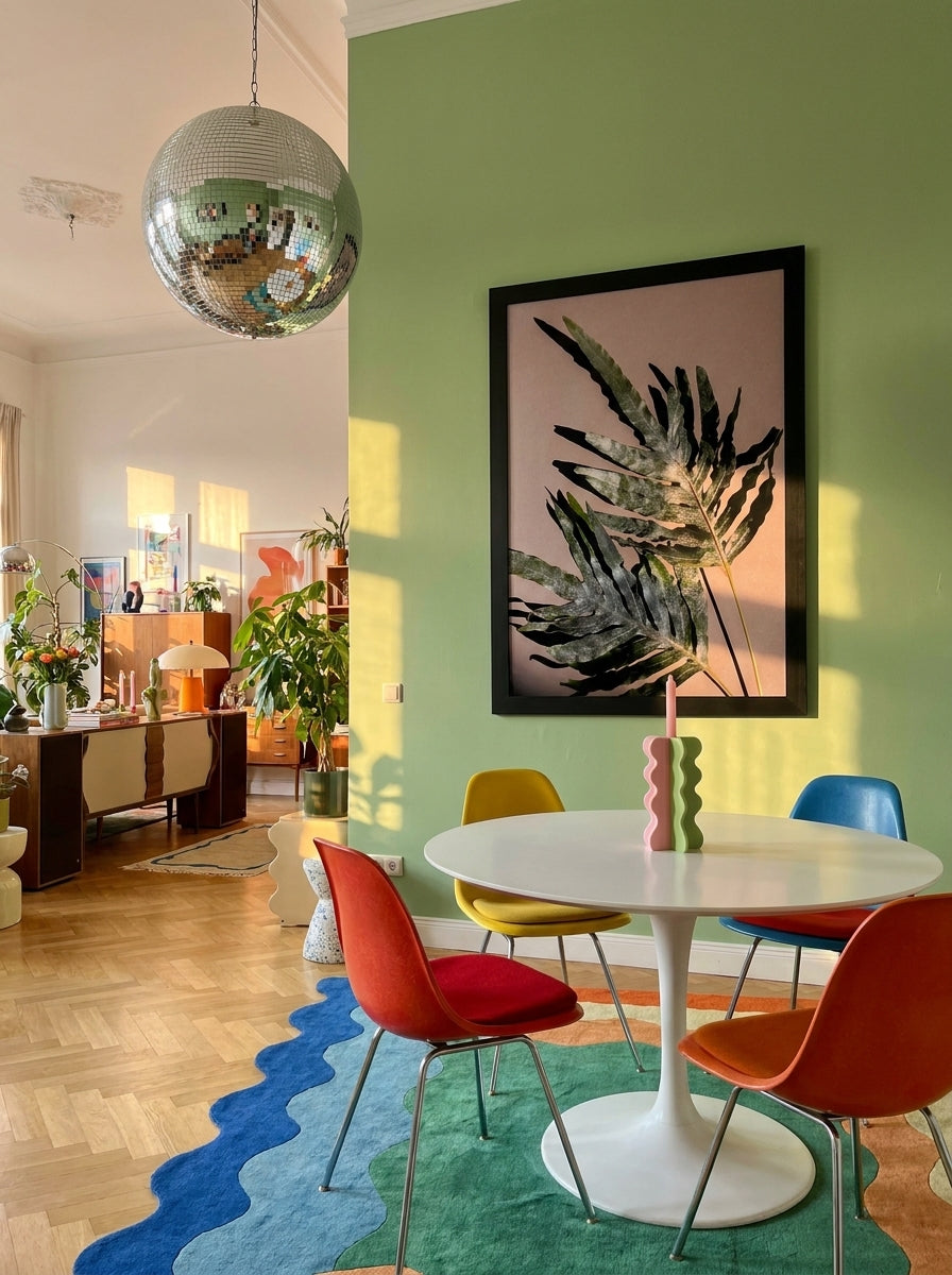Oversized statement modern wall art print styled on the wall in a colourful eclectic dining room