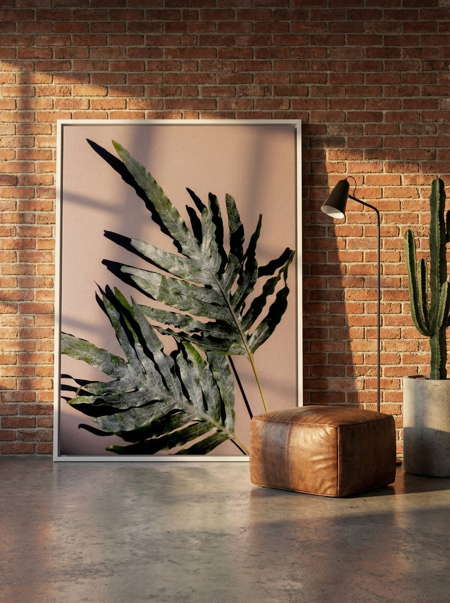 Oversized statement canvas wall art with a white surround leaning against the wall in an industrial loft dining room