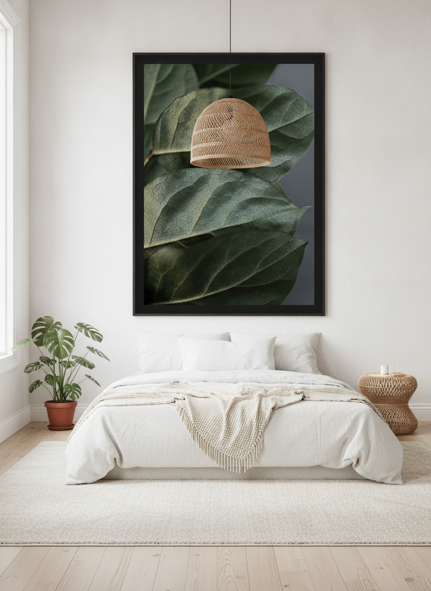 Oversized statement modern wall art print styled on the wall in a bright Scandinavian bedroom