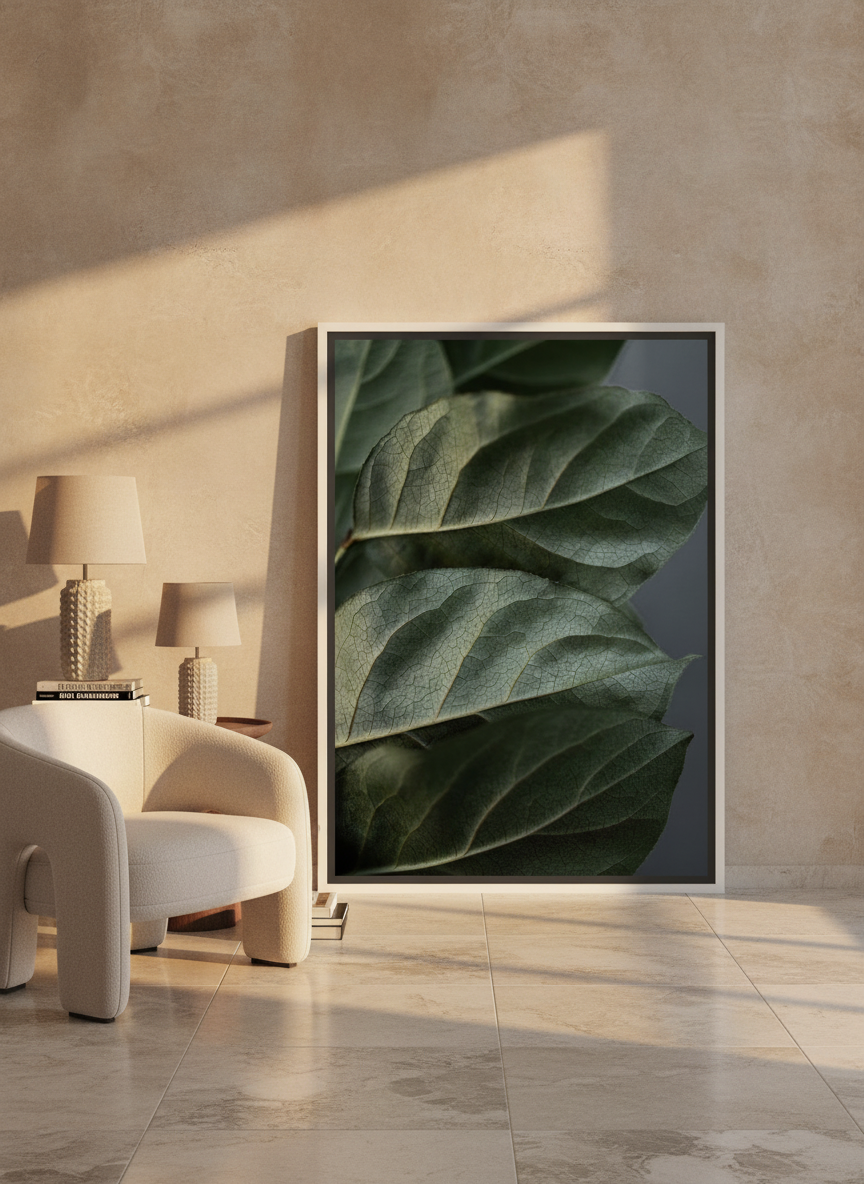 Canvas wall art with a white surround leaning against the wall in a luxe bathroom