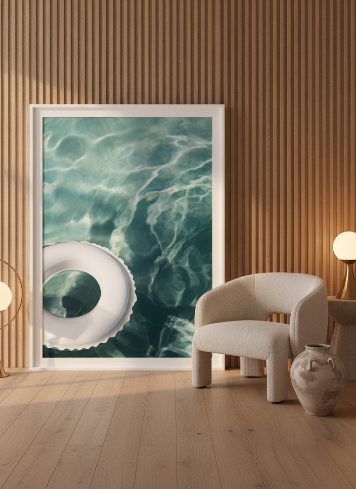 Modern wall art print leaning against the wall in a luxe bathroom