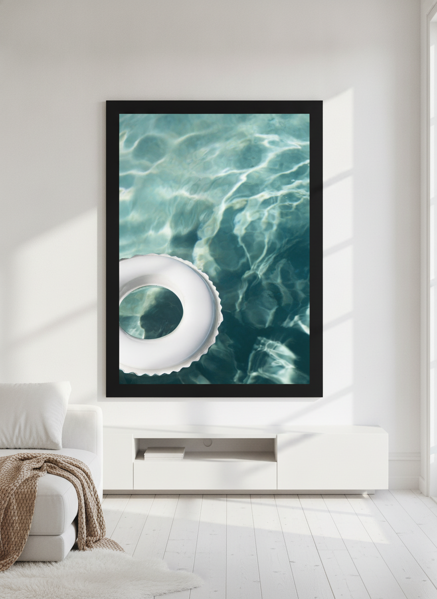 Oversized statement modern wall art print styled on the wall in a bright Scandinavian living room