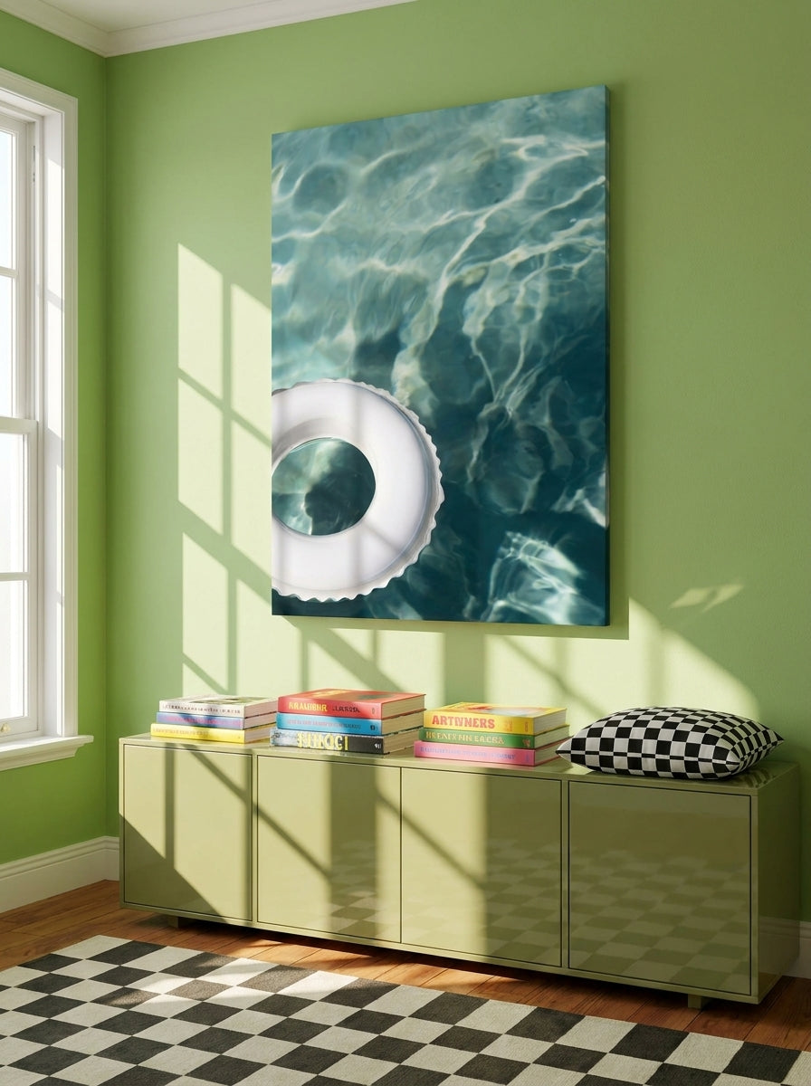 Stretched canvas wall art styled on the wall in a colourful eclectic living room