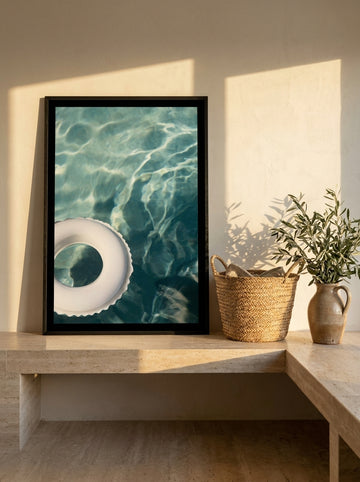 Modern wall art print standing on a kitchen bench in a Mediterranean kitchen