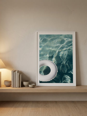 Modern wall art print standing on a shelf in a warm Japandi bedroom