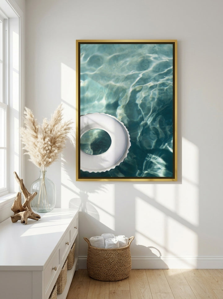 Canvas wall art with a gold leaf surround styled on the wall in a coastal bathroom