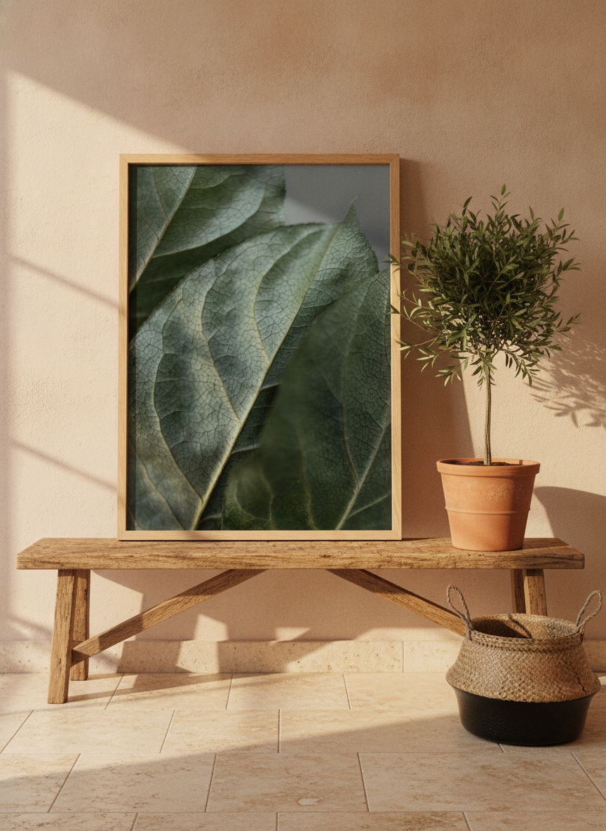 Modern wall art print standing on a bench in a Mediterranean home office