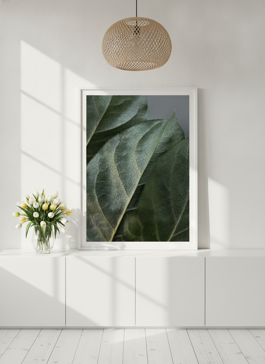 Modern wall art print standing on a sideboard in a bright Scandinavian bathroom