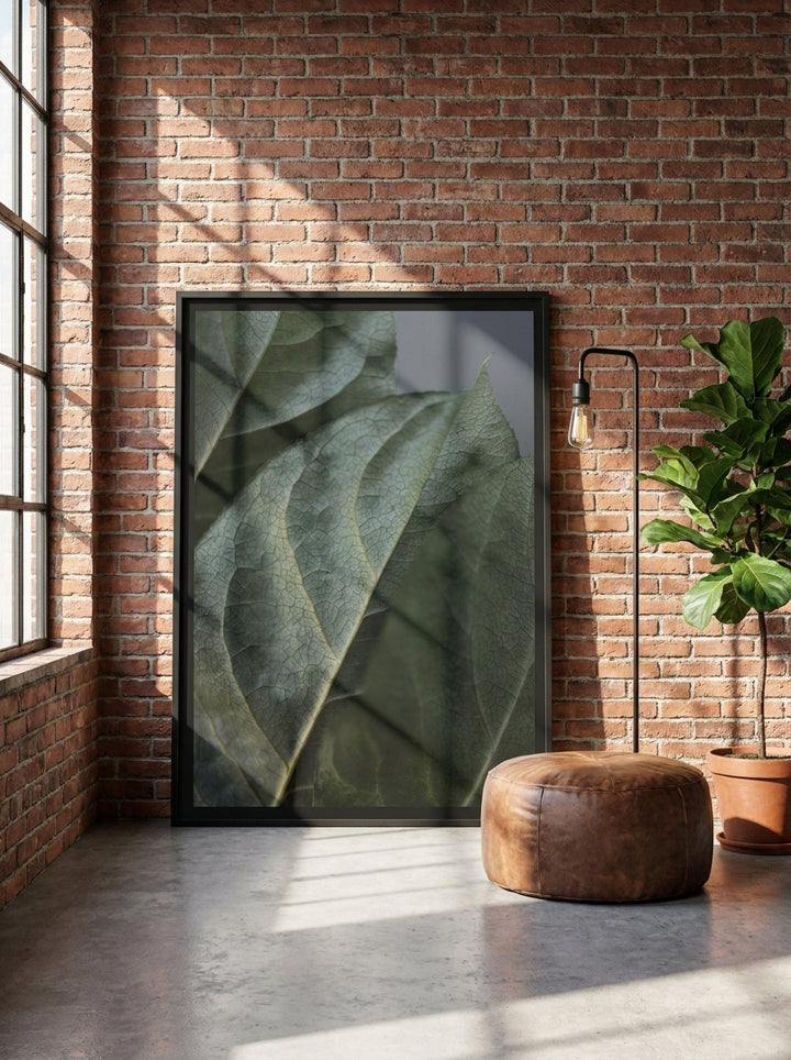 Oversized statement modern wall art print leaning against the wall in an industrial loft dining room