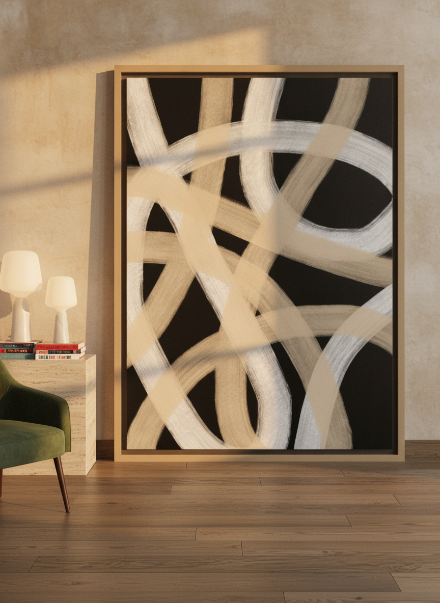 Oversized statement canvas wall art with a natural timber surround leaning against the wall in a luxe dining room