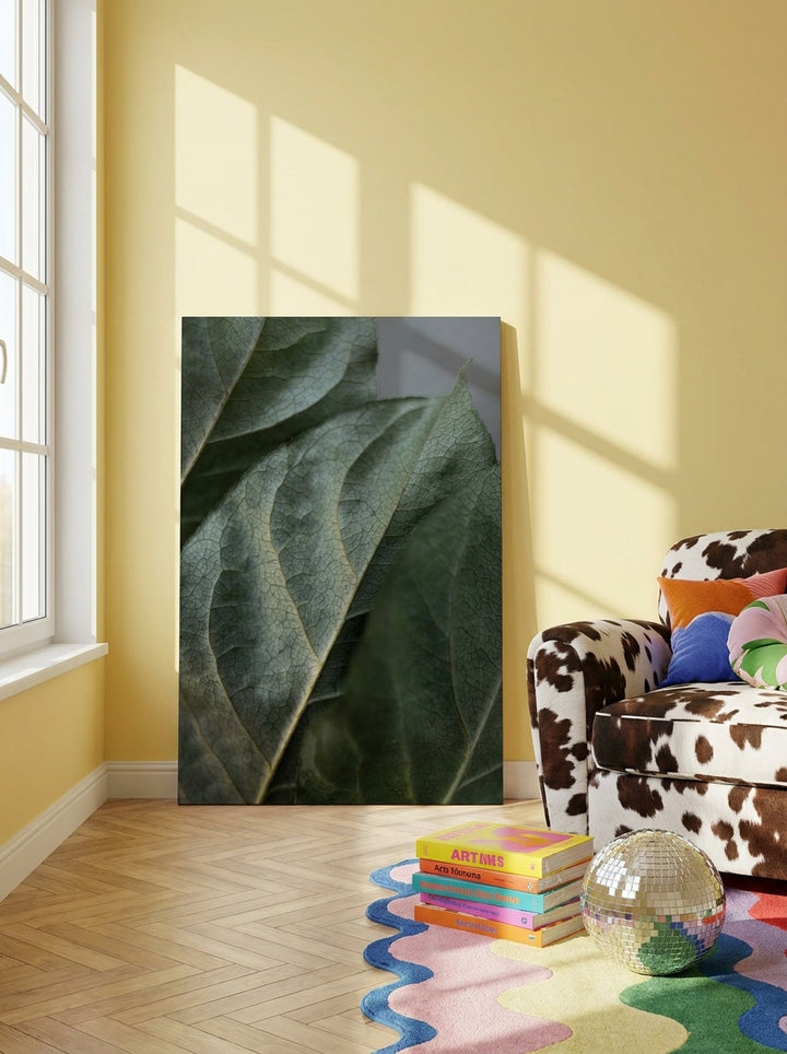 Stretched canvas wall art leaning against the wall in a colourful eclectic living room