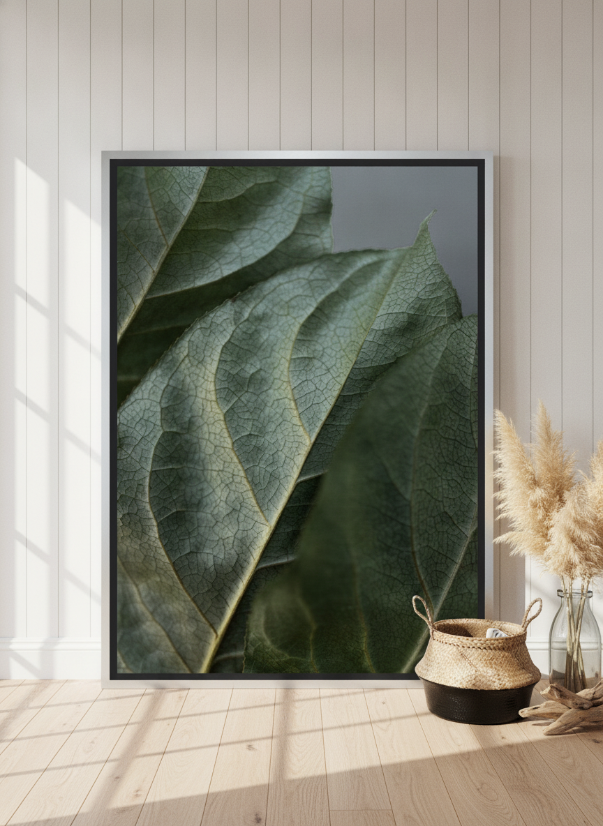 Oversized statement canvas wall art with a silver leaf surround leaning against the wall in a coastal living room