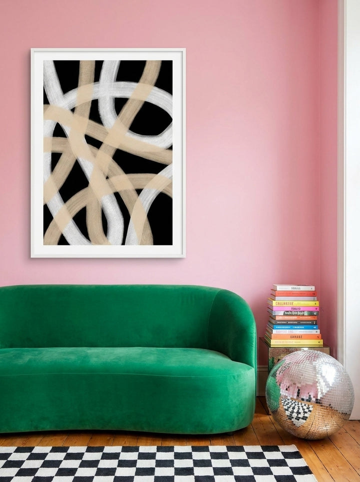 Modern wall art print styled on the wall in a colourful eclectic living room