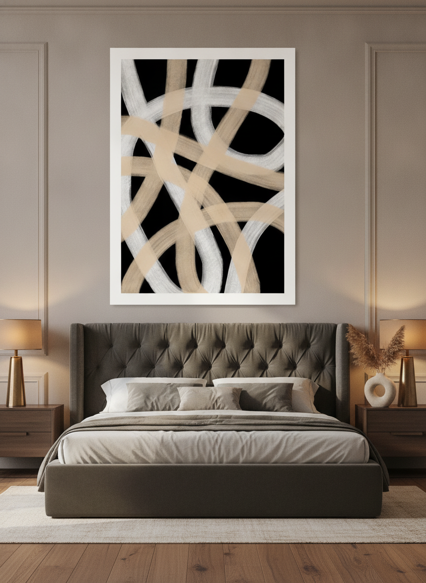 Oversized statement modern wall art print styled on the wall in a luxe bedroom