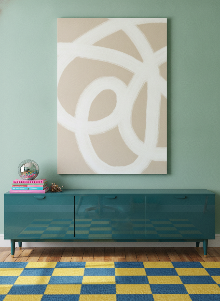 Stretched canvas wall art standing on a sideboard in a colourful eclectic home office