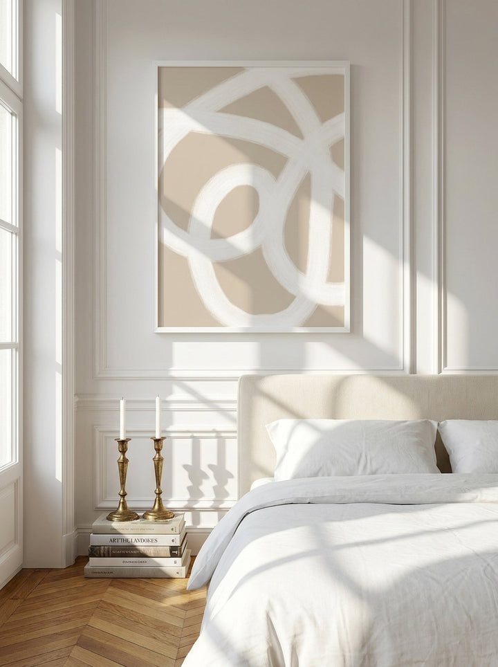 Modern wall art print styled on the wall in a Parisian bedroom