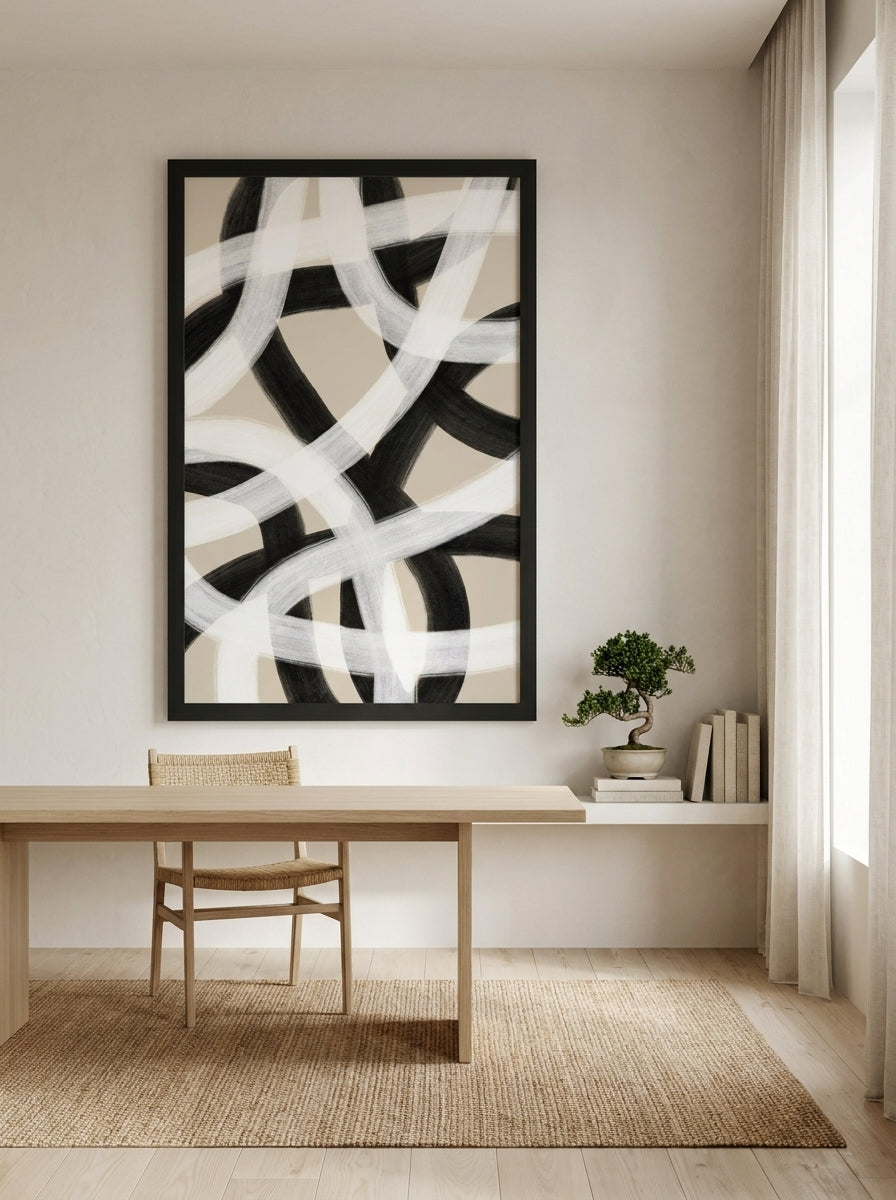 Oversized statement modern wall art print styled on the wall in a warm Japandi home office