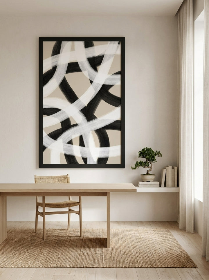 Oversized statement modern wall art print styled on the wall in a warm Japandi home office