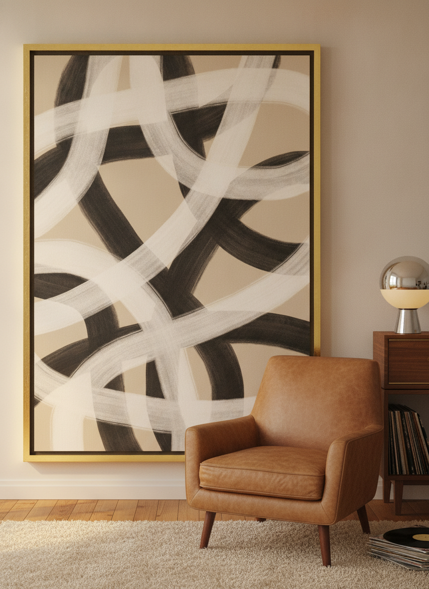Canvas wall art with a gold leaf surround leaning against the wall in a retro 70s bedroom