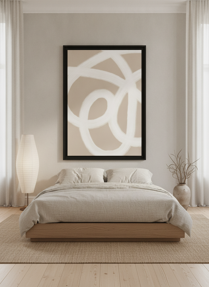 Oversized statement modern wall art print styled on the wall in a warm Japandi bedroom