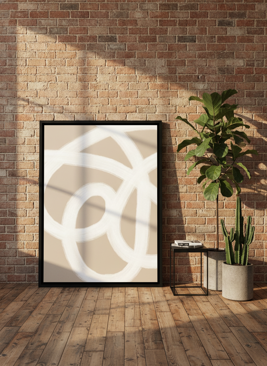 Oversized statement canvas wall art with a black surround leaning against the wall in an industrial loft living room