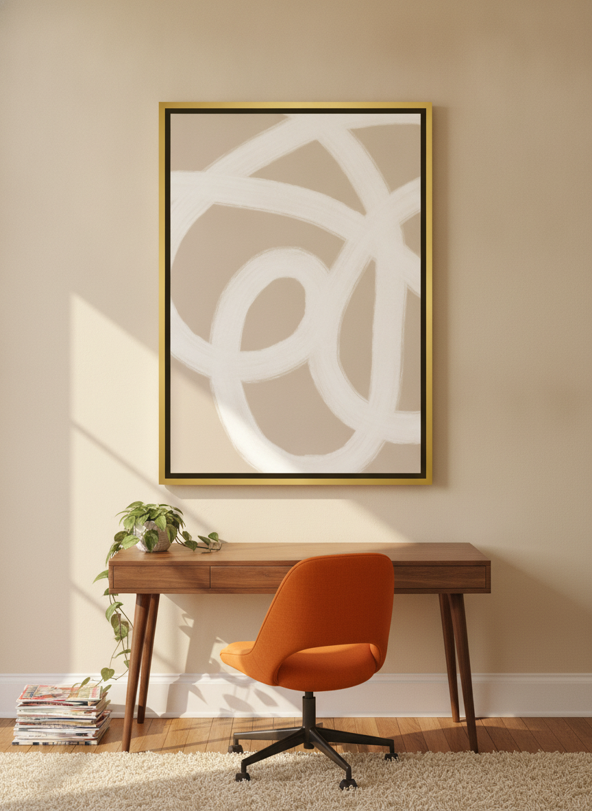 Oversized statement canvas wall art with a gold leaf surround styled on the wall in a retro 70s home office