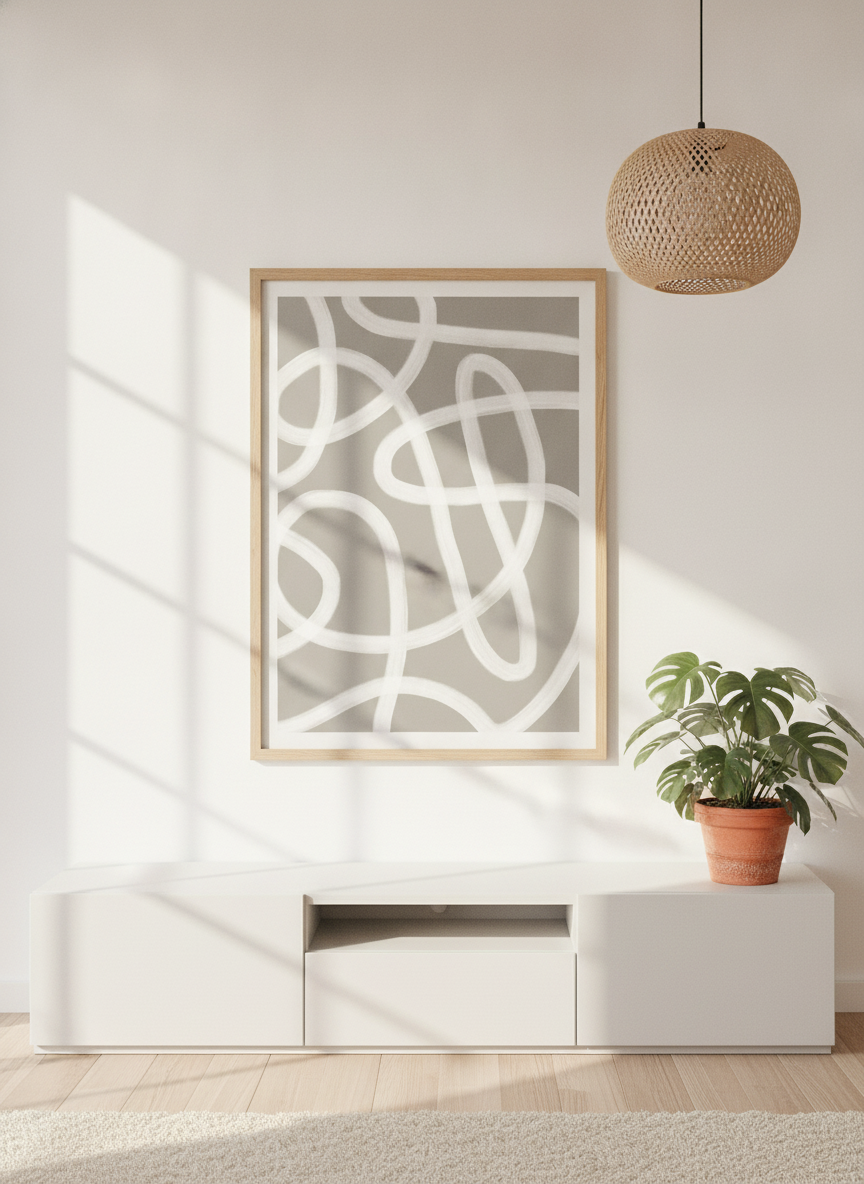 Modern wall art print styled on the wall in a bright Scandinavian living room