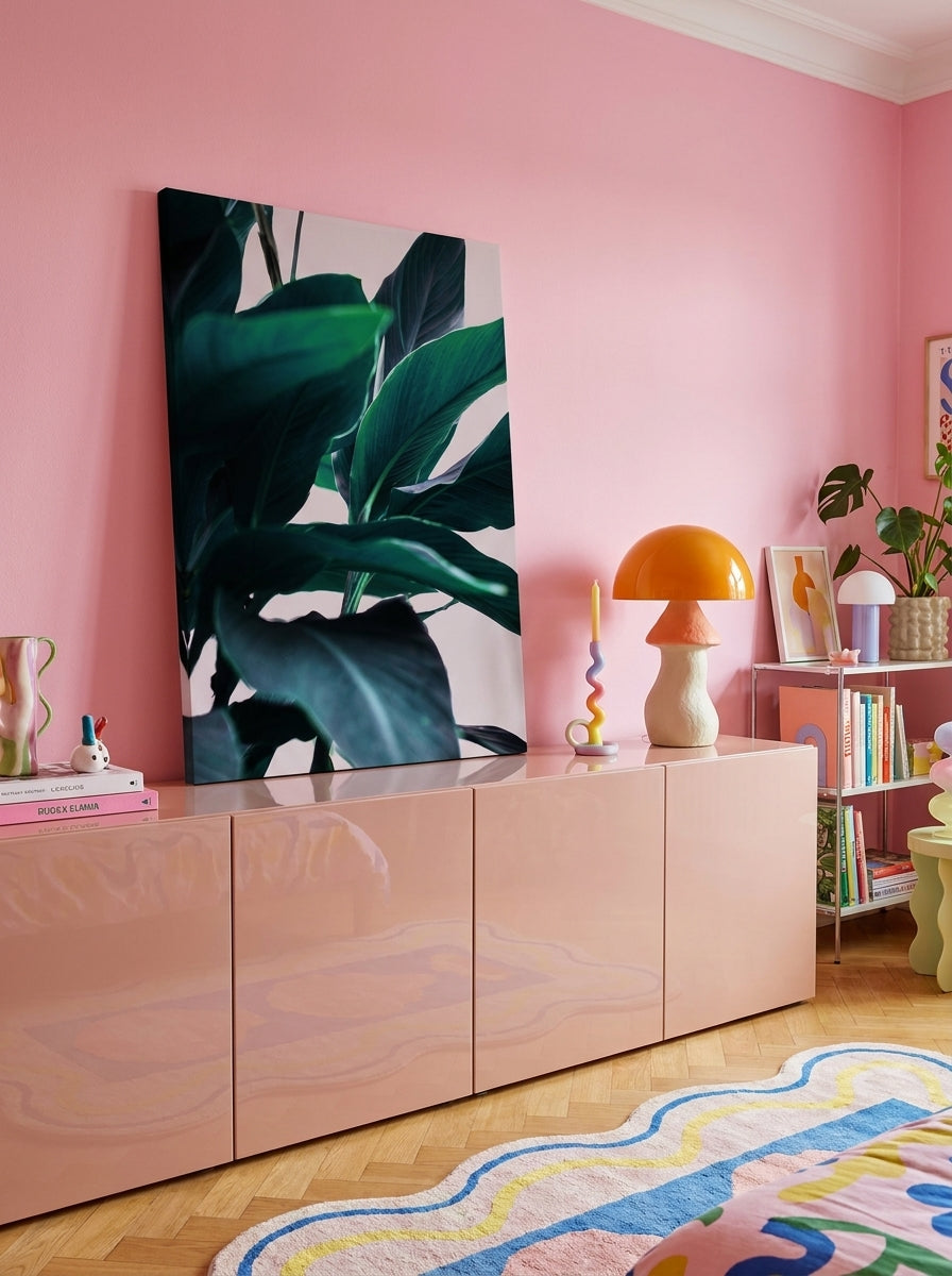 Stretched canvas wall art standing on a sideboard in a colourful eclectic bedroom