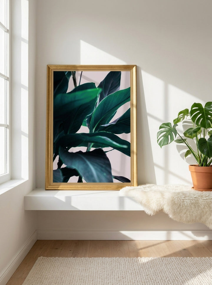 Modern wall art print standing on a shelf in a bright Scandinavian bathroom
