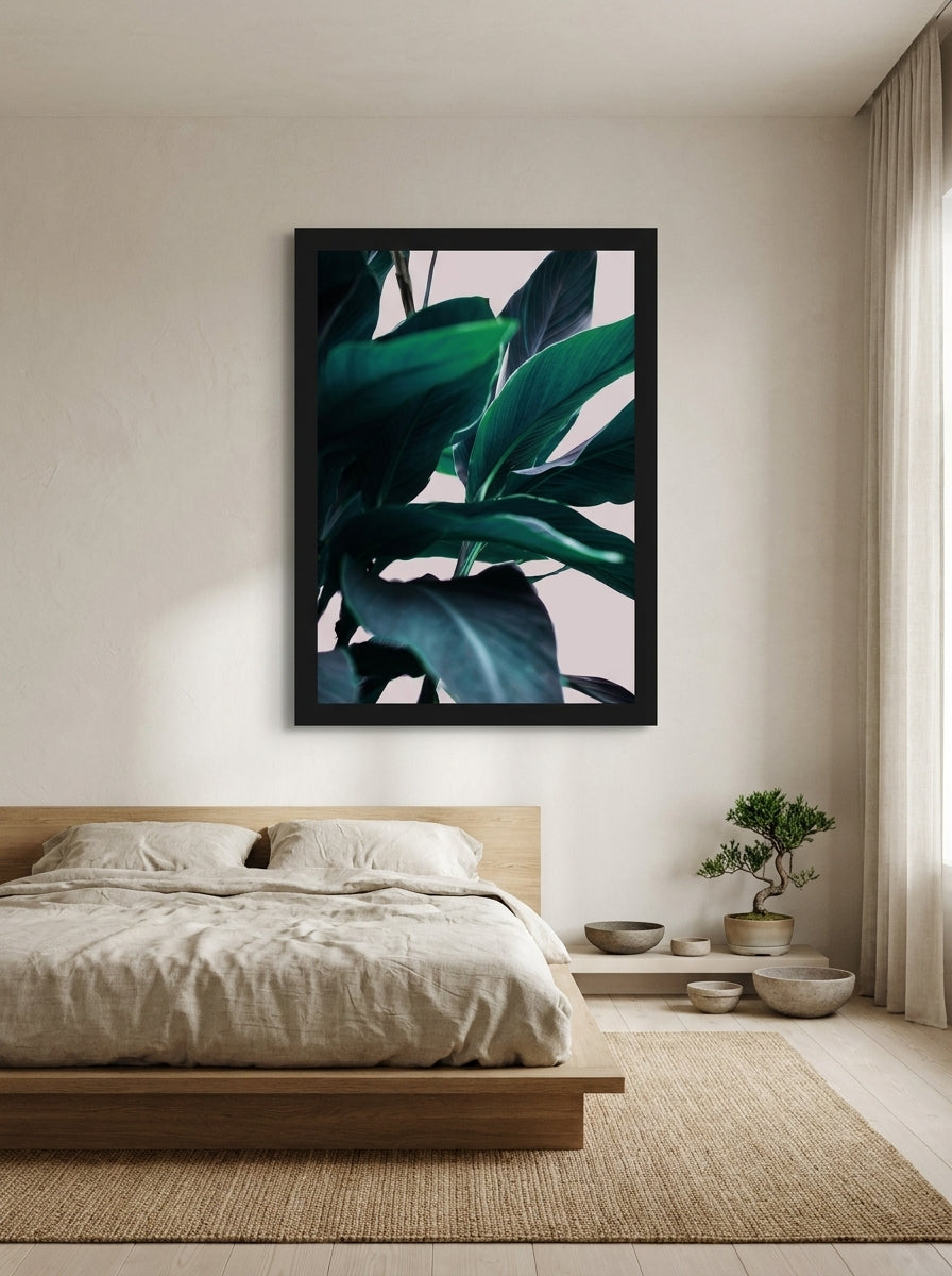 Oversized statement modern wall art print styled on the wall in a warm Japandi bedroom